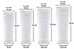 A size guide diagram for shin pad holders showing measurements for sizes S, M, L, and XL, with labeled top width, height, and bottom width in centimeters on a white background.
