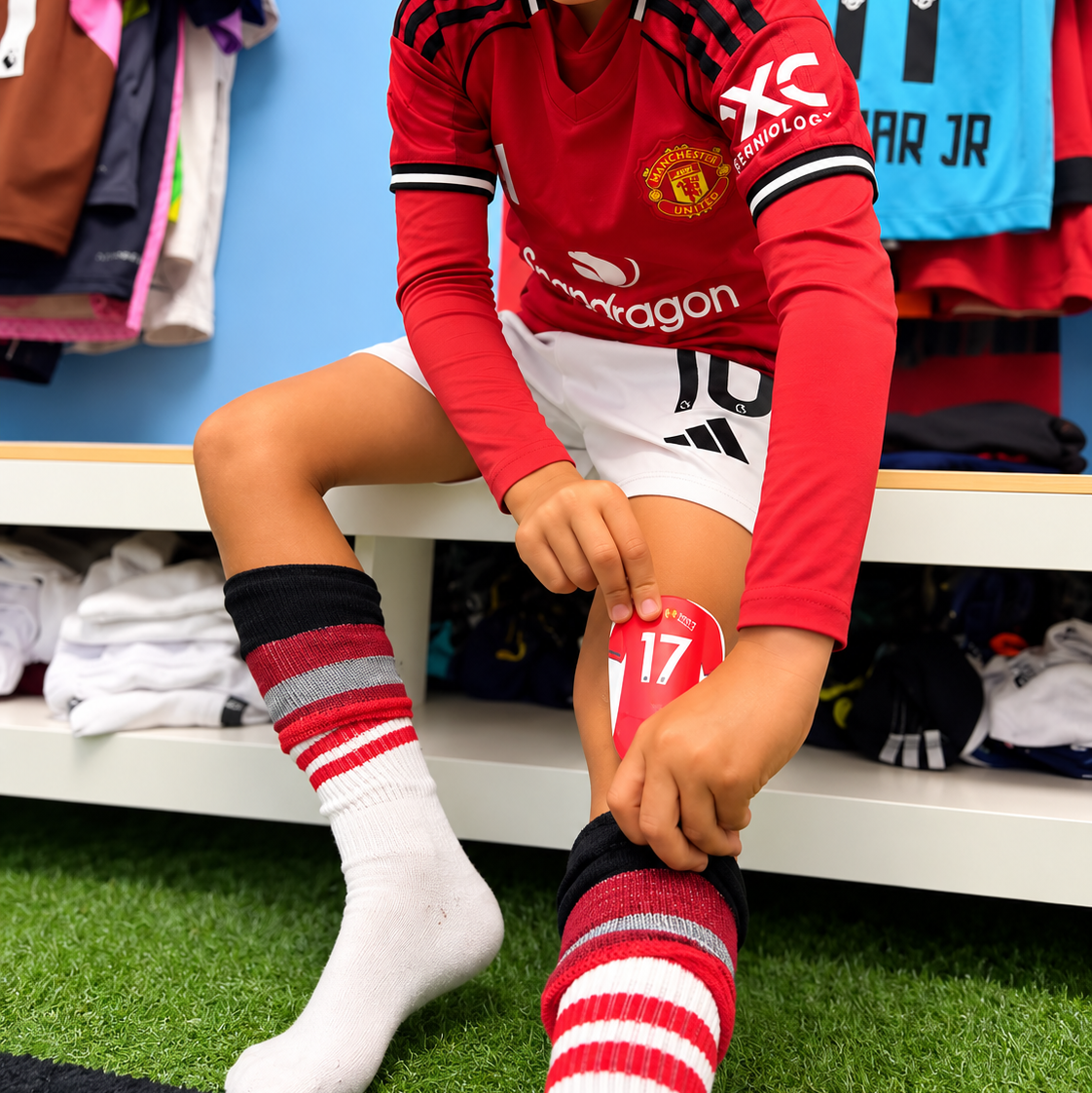 A young boy wearing a red long-sleeve Manchester United soccer jersey and white shorts sits on a bench, putting on a red and white striped soccer sock. The background shows a blue wall with other soccer jerseys hanging on display.